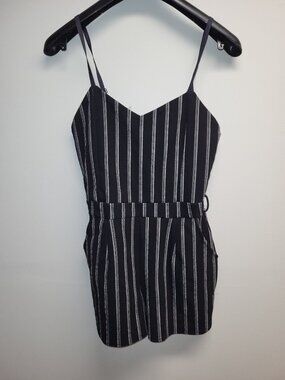 Eclipse Women’s Black White Striped Romper Spaghetti Strap Short Jumper Medium